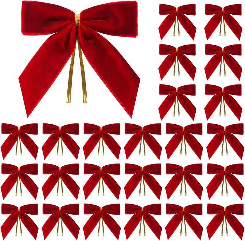 Utehilly 24 Pcs Red Small Velvet Christmas Bows for Christmas Tree, Wreath, Gift Wrapping, Crafts, Wedding, Party, Twist Tie Bows for Treat Bag Bakery Candy Bags, Home Decor 1" W,3.5 x 3.5 inch - Image 1